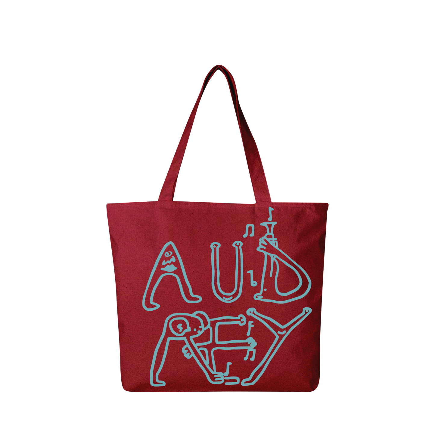 Front-facing view of a red tote bag featuring blue, doodle-style text that reads “Audrey Hobert”.