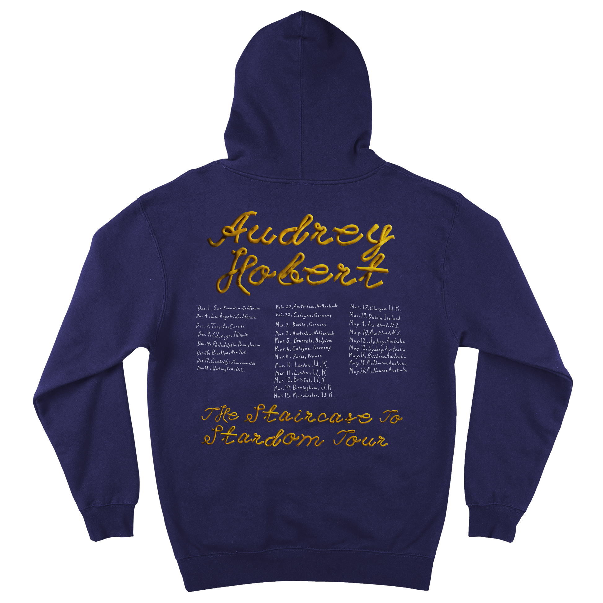 Back view of a navy hoodie featuring an Audrey Hobert 2026 tour date print across the back.