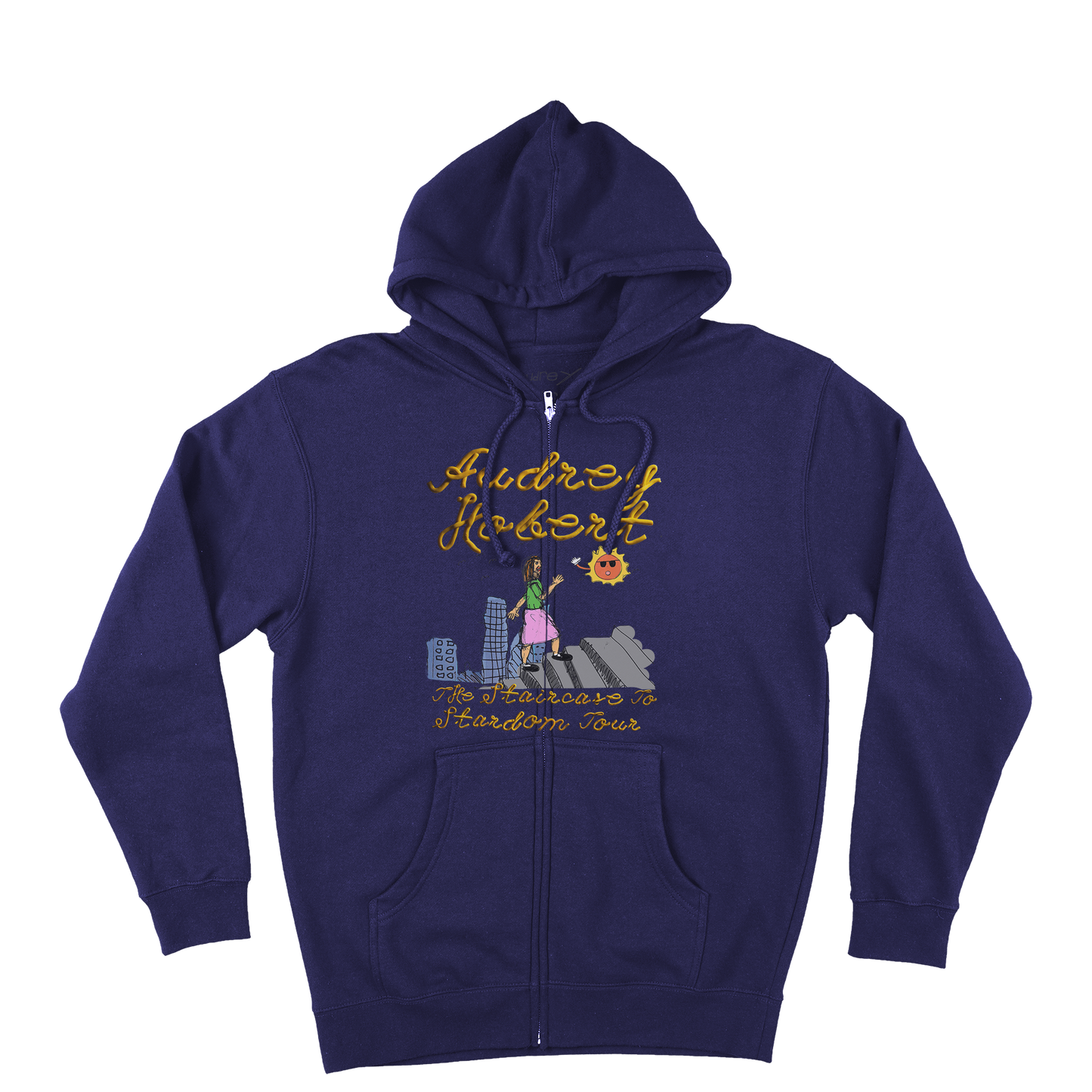 Front view of a navy blue zip-up hoodie with Audrey Hobert graphic print across the front. 