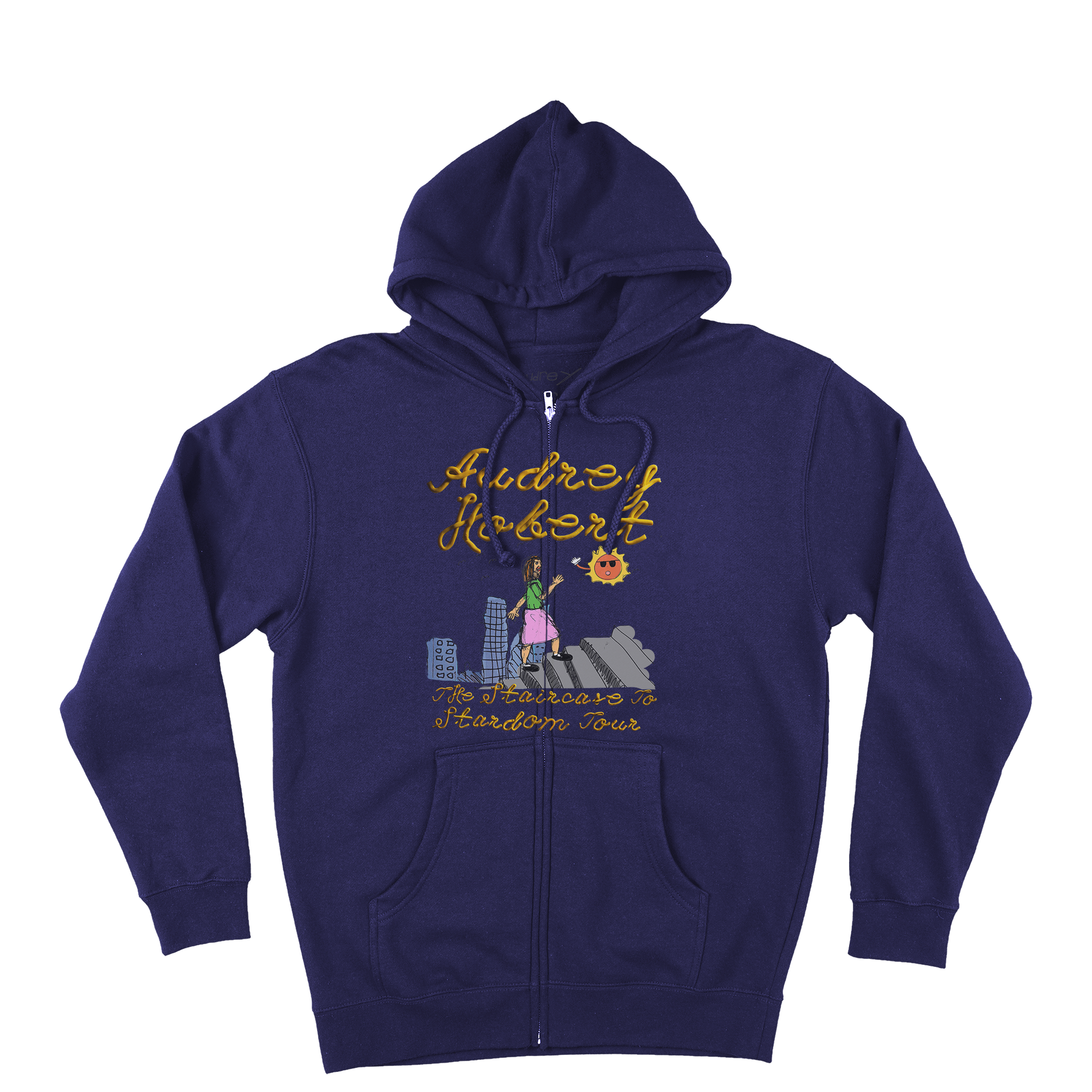 Front view of a navy blue zip-up hoodie with Audrey Hobert graphic print across the front. 