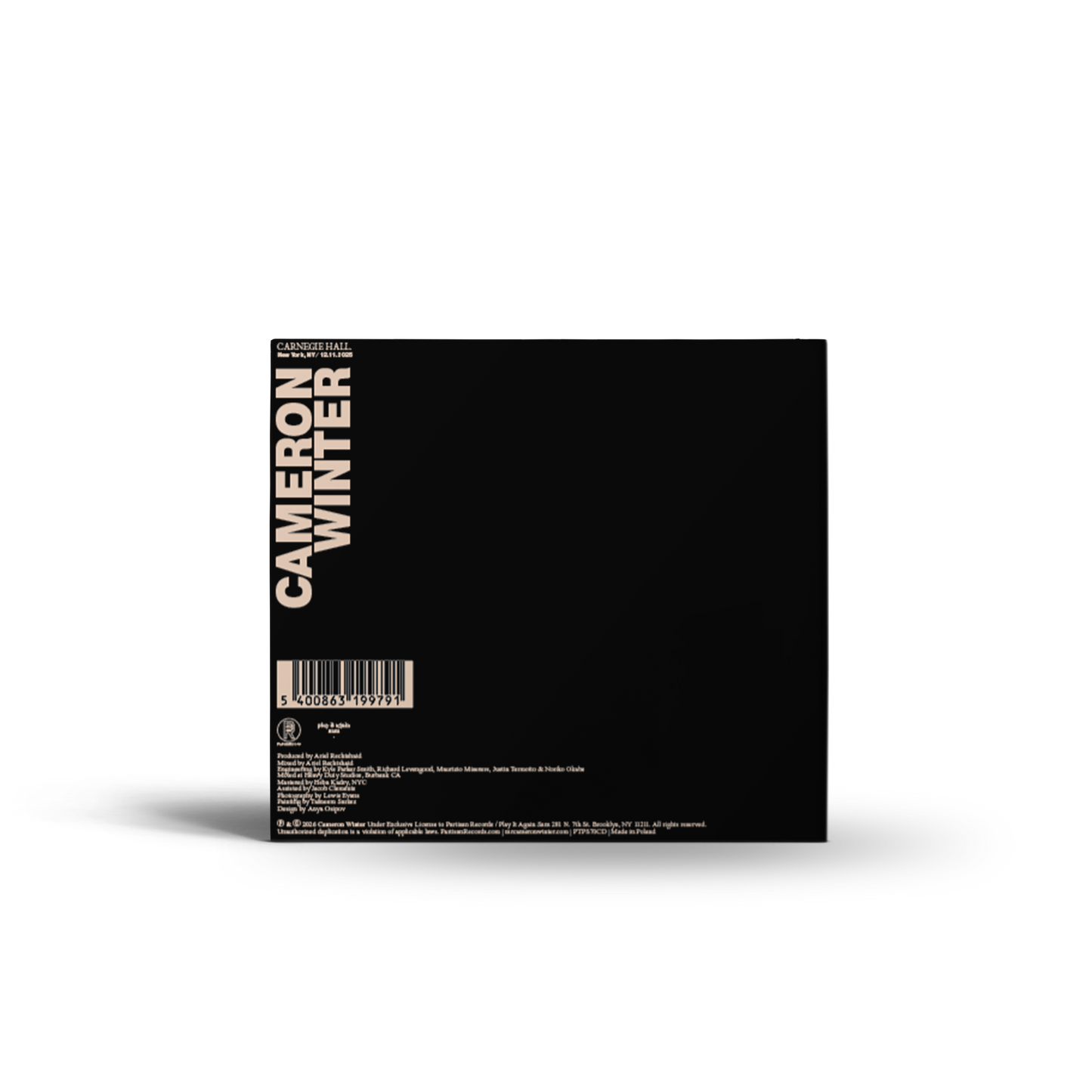 Cameron Winter's Live at Carnegie Hall CD. The back cover of a black album by Cameron Winter, featuring vertical beige text and a barcode.