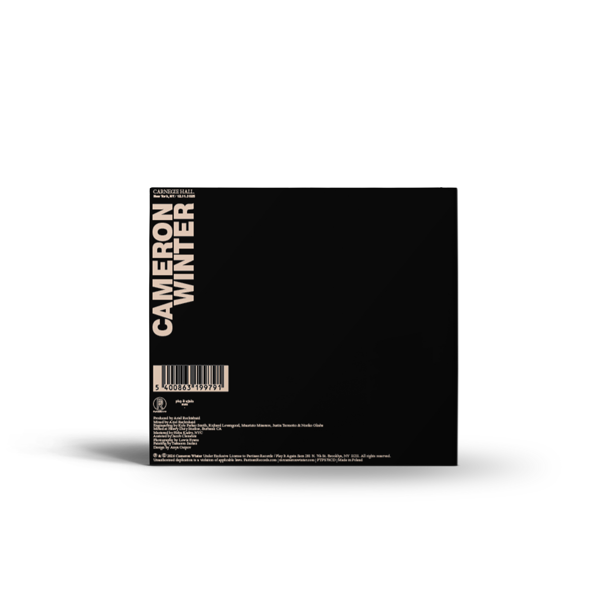 Cameron Winter's Live at Carnegie Hall CD. The back cover of a black album by Cameron Winter, featuring vertical beige text and a barcode.