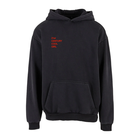 A black pullover hoodie with bold red lettering that reads ‘21st Century Cool Girl,’ positioned along the right side of the chest