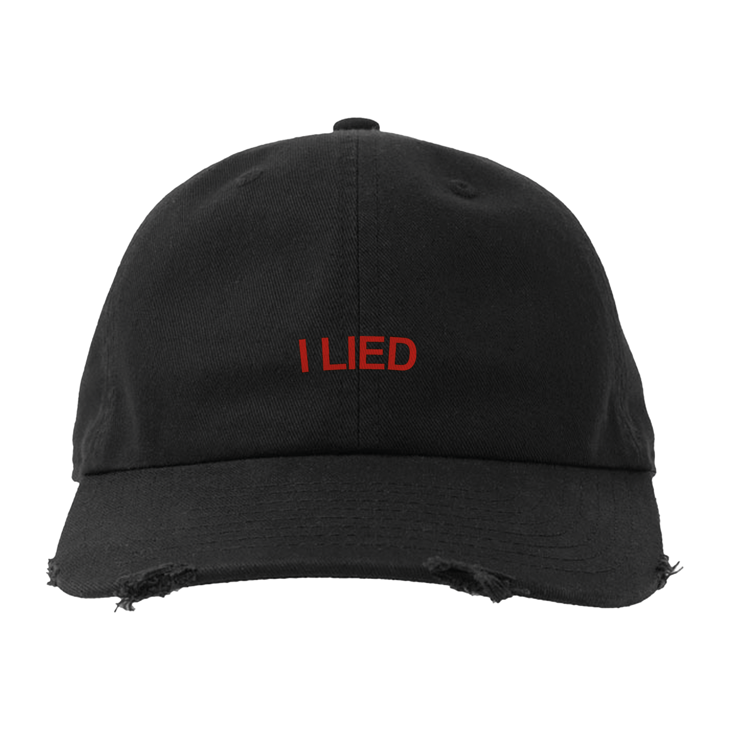 Black cap with 'I LIED' in red text across the front