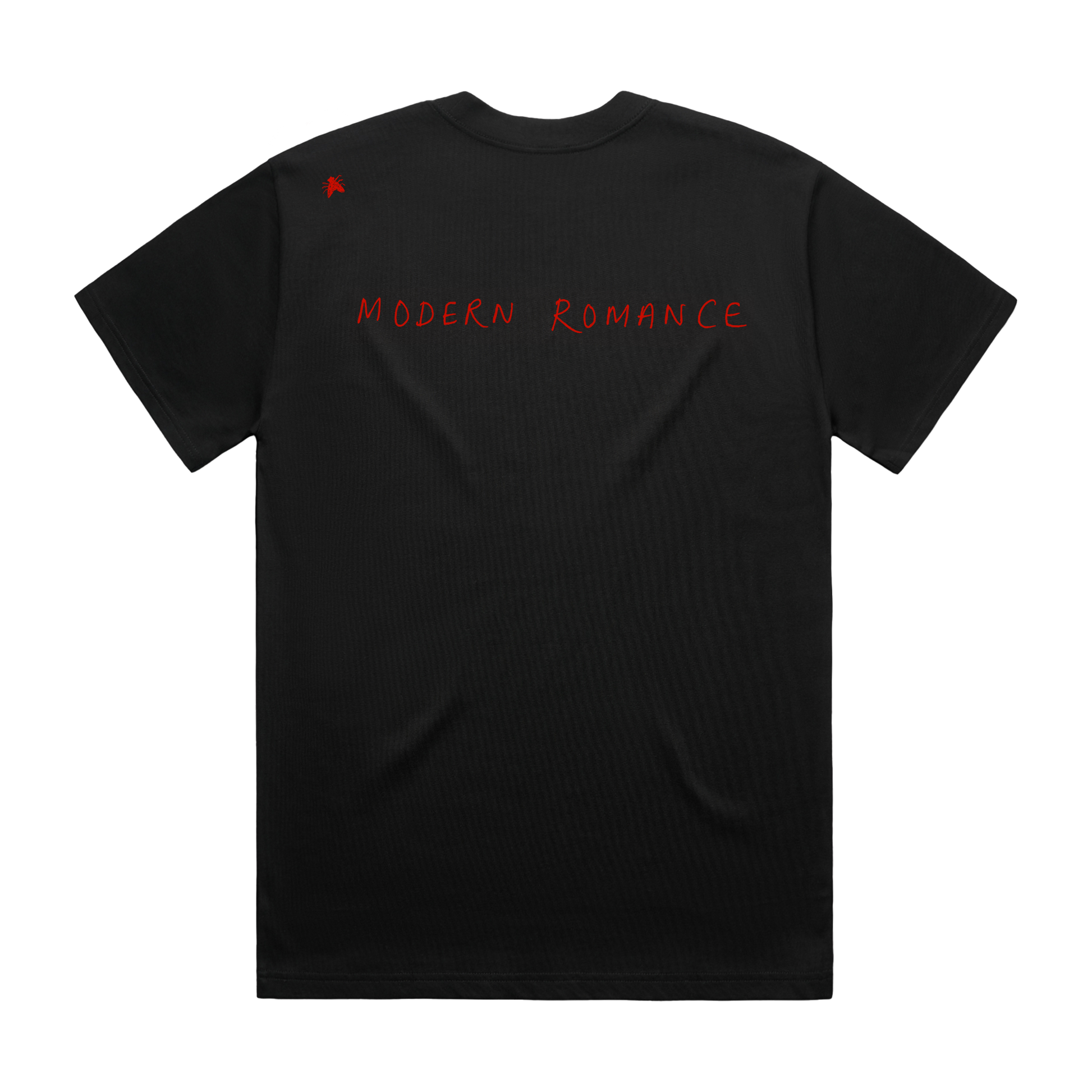 A black T-shirt with red text reading ‘Modern Romance’ across the back.