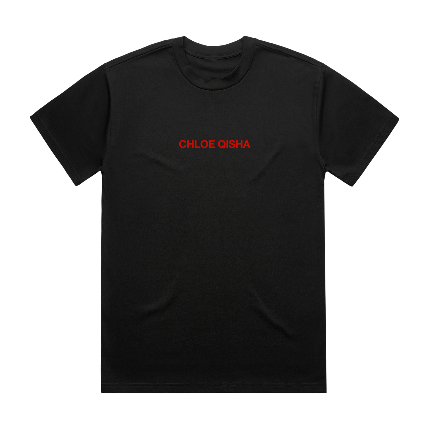 A black T-shirt with red text reading ‘Chloe Qisha’ across the chest.
