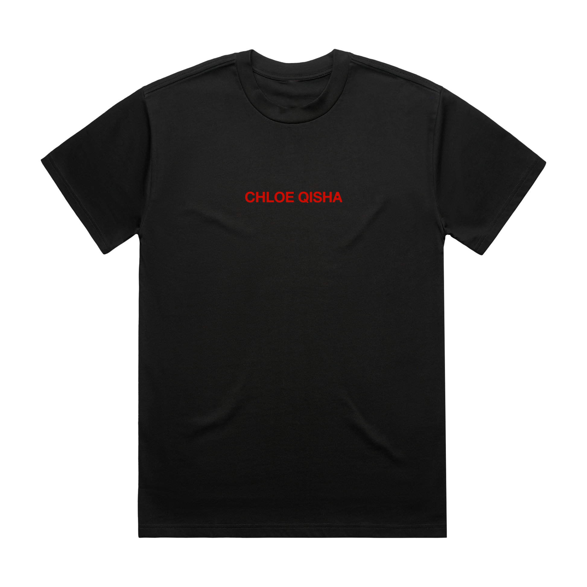 A black T-shirt with red text reading ‘Chloe Qisha’ across the chest.