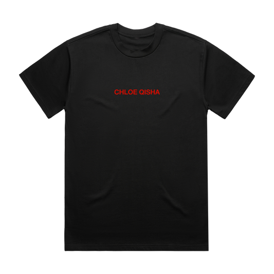 A black T-shirt with red text reading ‘Chloe Qisha’ across the chest.