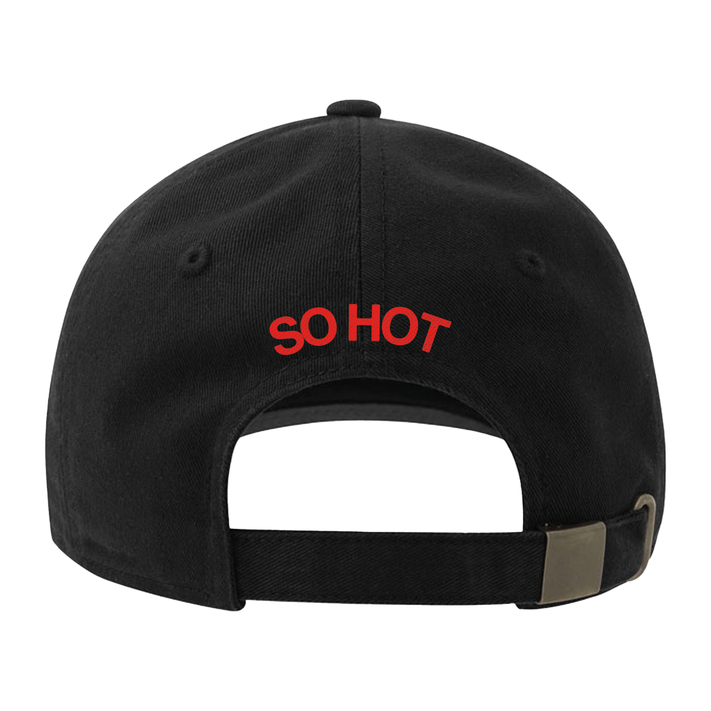 Black cap with 'SO HOT' in red text arcross the back
