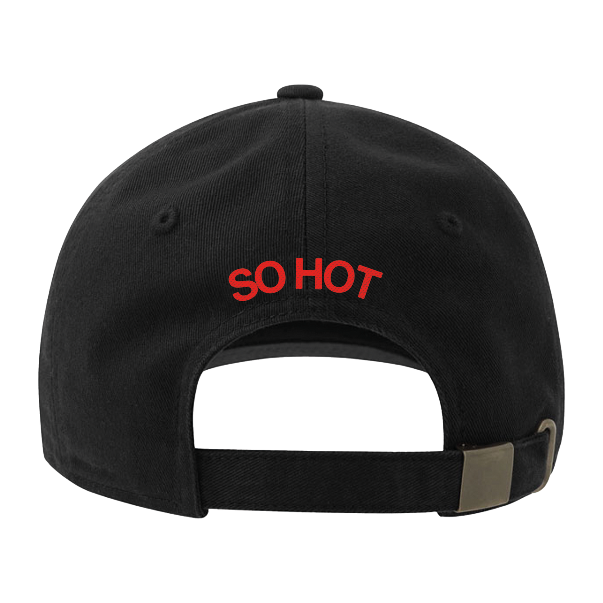 Black cap with 'SO HOT' in red text arcross the back