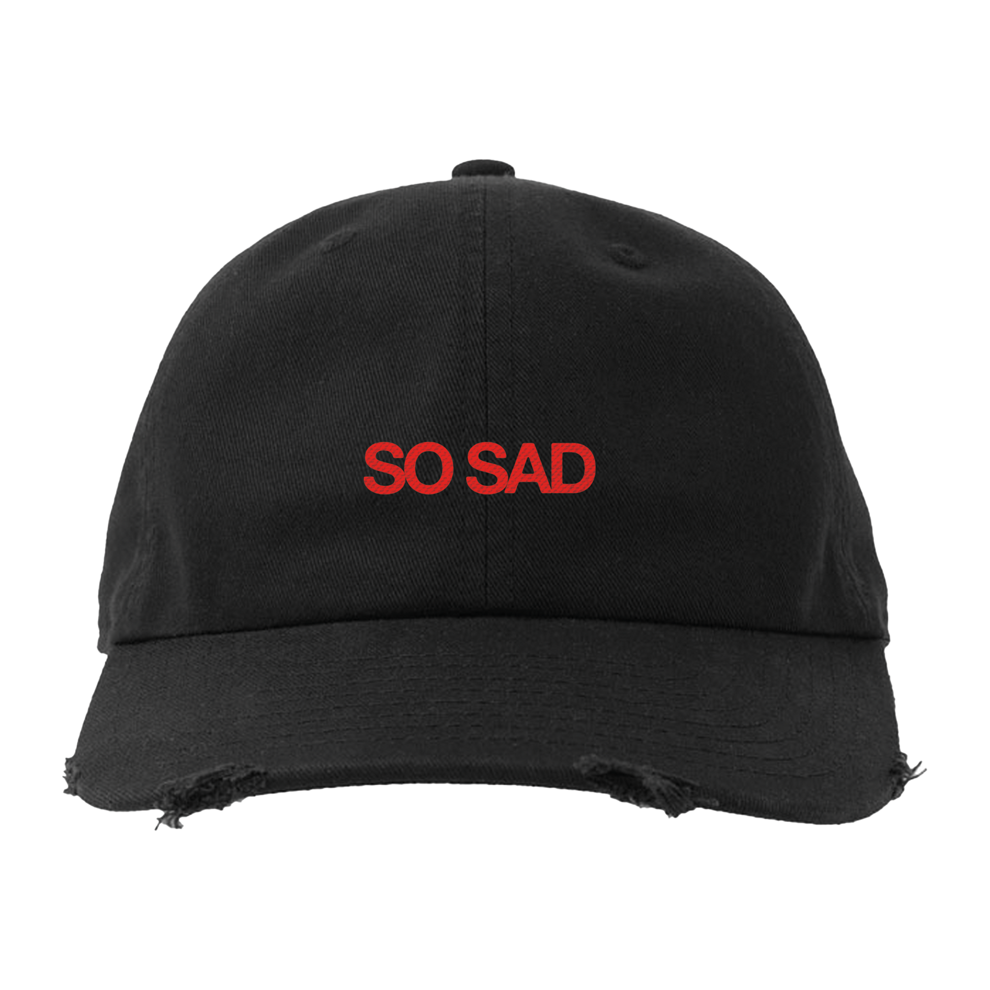 Black cap with 'SO SAD' in red text arcross the front
