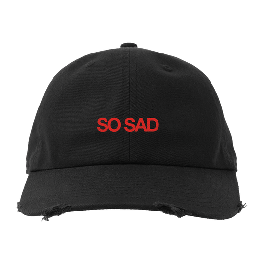 Black cap with 'SO SAD' in red text arcross the front