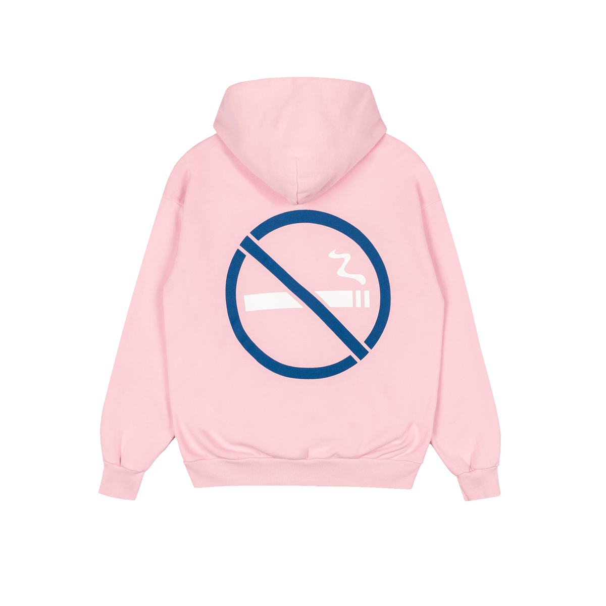 A light pink hoodie shown from the back, featuring a large navy blue and white 'no smoking' symbol printed in the center.