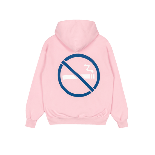 A light pink hoodie shown from the back, featuring a large navy blue and white 'no smoking' symbol printed in the center.
