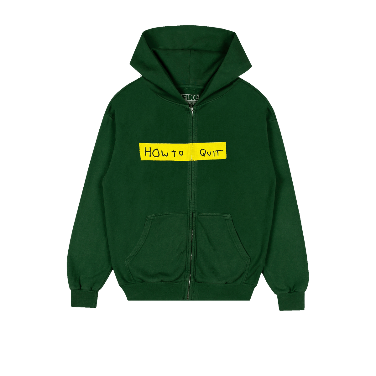 A dark green Dominic Fike zip-up hoodie with a yellow rectangular graphic on the chest containing the text 'HOW TO QUIT' in black handwritten-style lettering, shown on a plain white background.