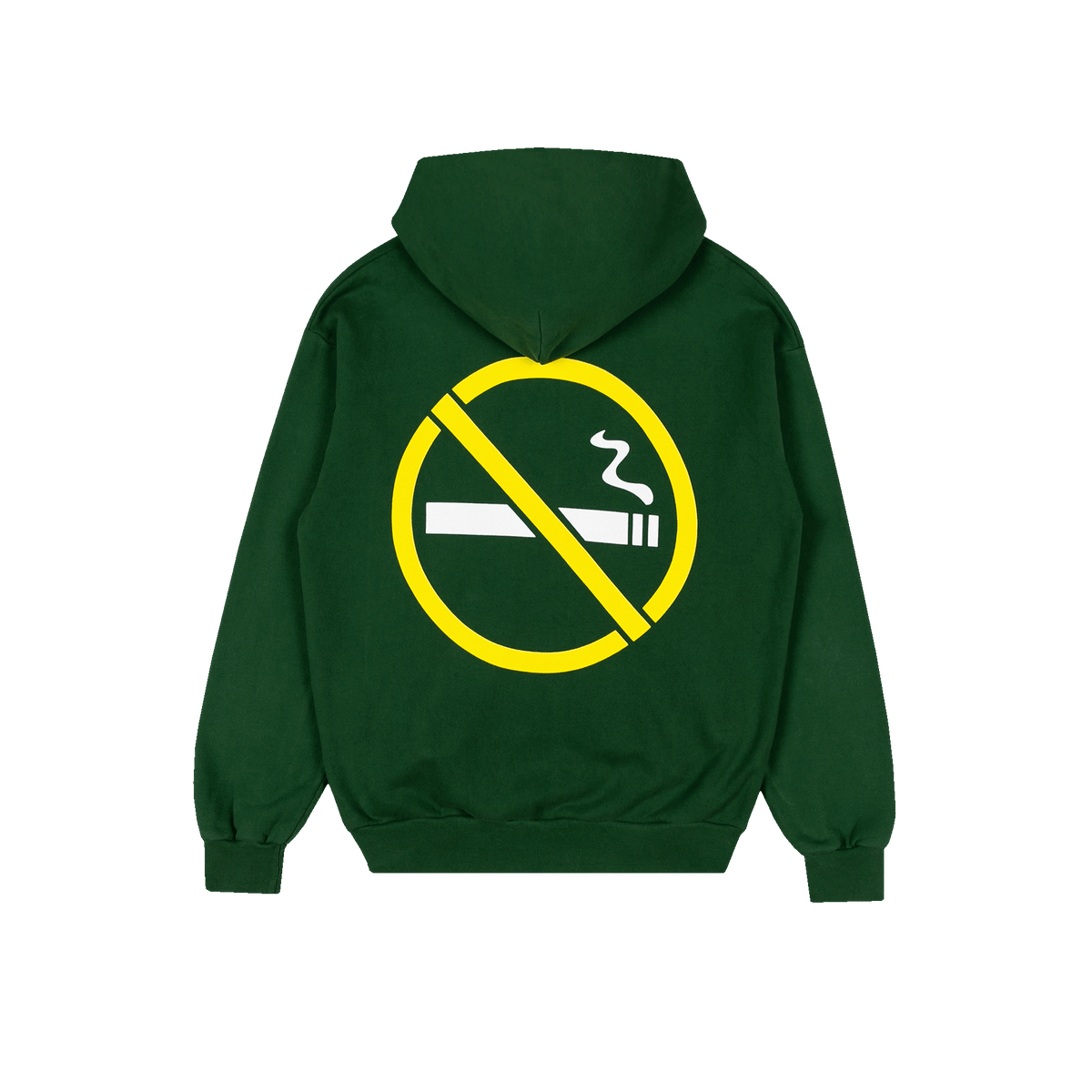 A dark green hoodie shown from the back, featuring a large yellow and white 'no smoking' symbol printed on the center back.