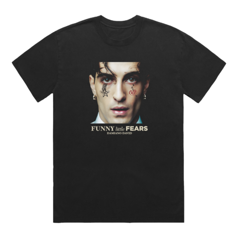 Black short-sleeve Damiano David shirt with 'What's Your Fear Like?' print across the front and back.