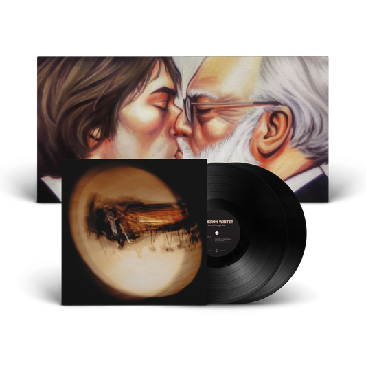 Cameron Winter's Live at Carnegie Hall 2xLP. A vinyl record album shown on a white background, featuring a large illustrated cover with two faces about to kiss, a black record partially pulled from the sleeve, and a smaller square artwork in front. 