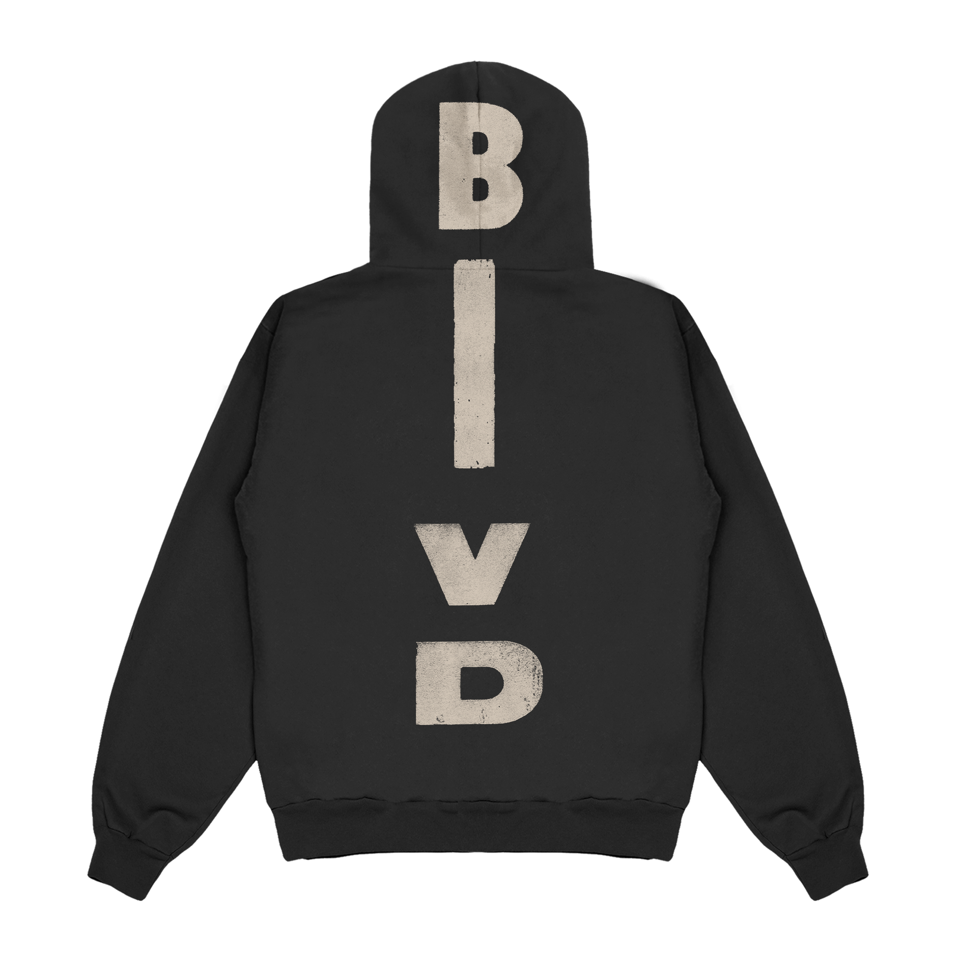 Black unisex hoodie with beige BlvD| print across the back