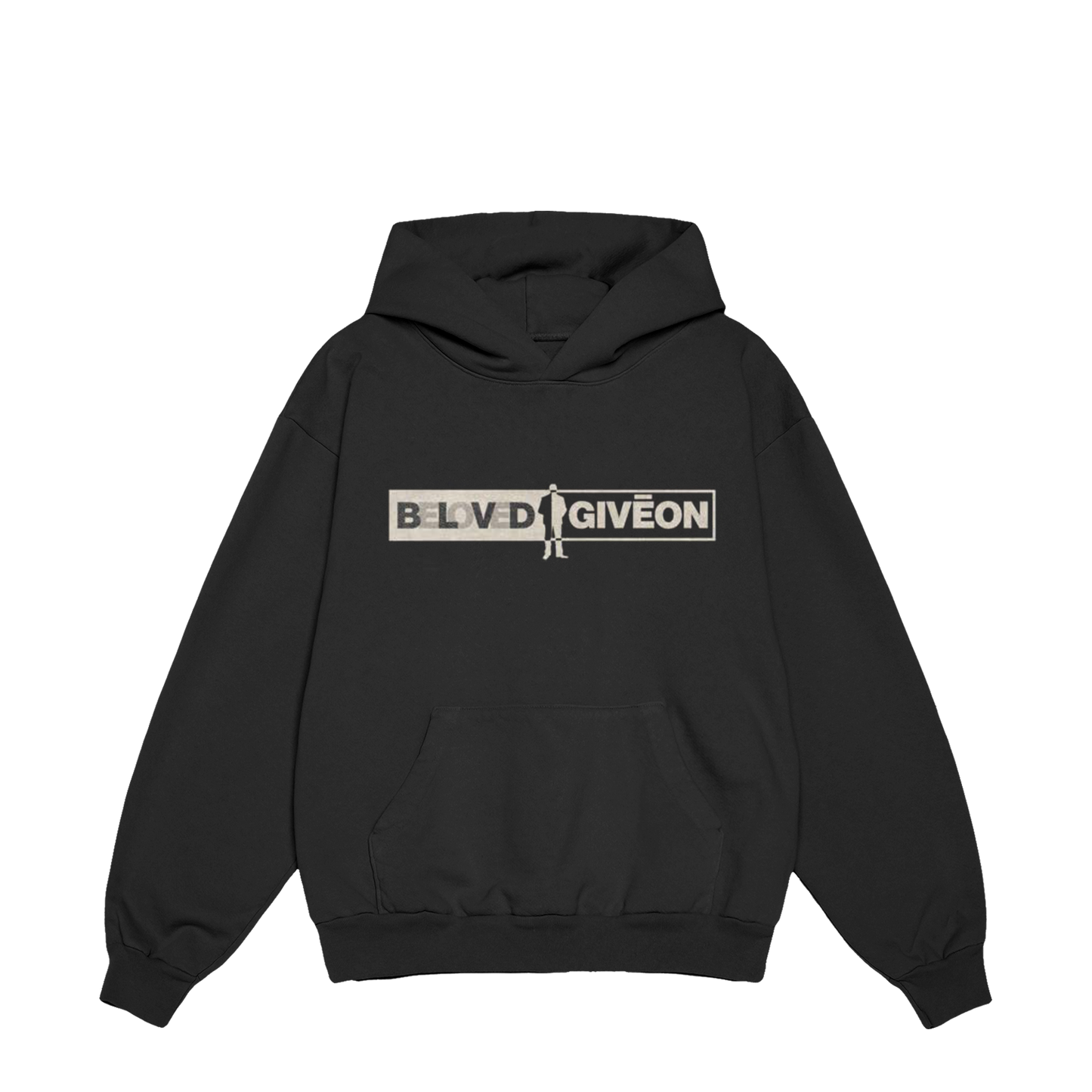 Black unisex hoodie with beige and grey BELOVED | GIVEON print across the front