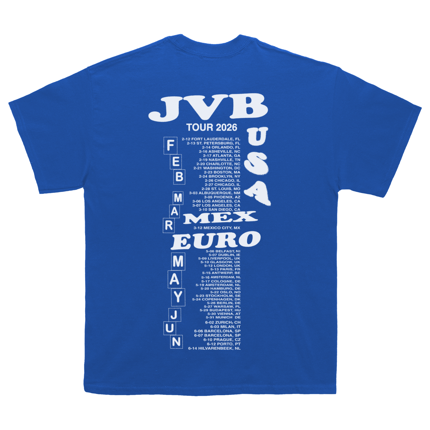 Blue Joey Valence & Brae t-shirt with white text displaying a tour schedule on the back