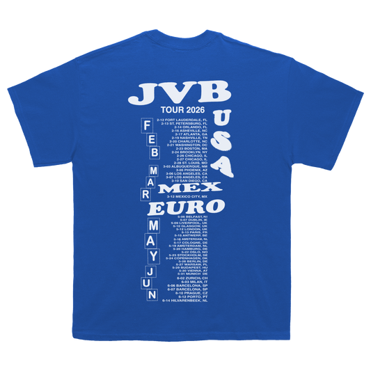 Blue Joey Valence & Brae t-shirt with white text displaying a tour schedule on the back