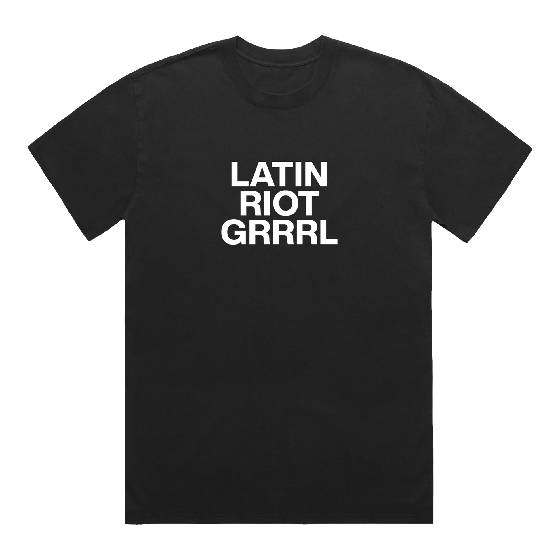 Black t-shirt with white text 'LATIN RIOT GRRRL' 