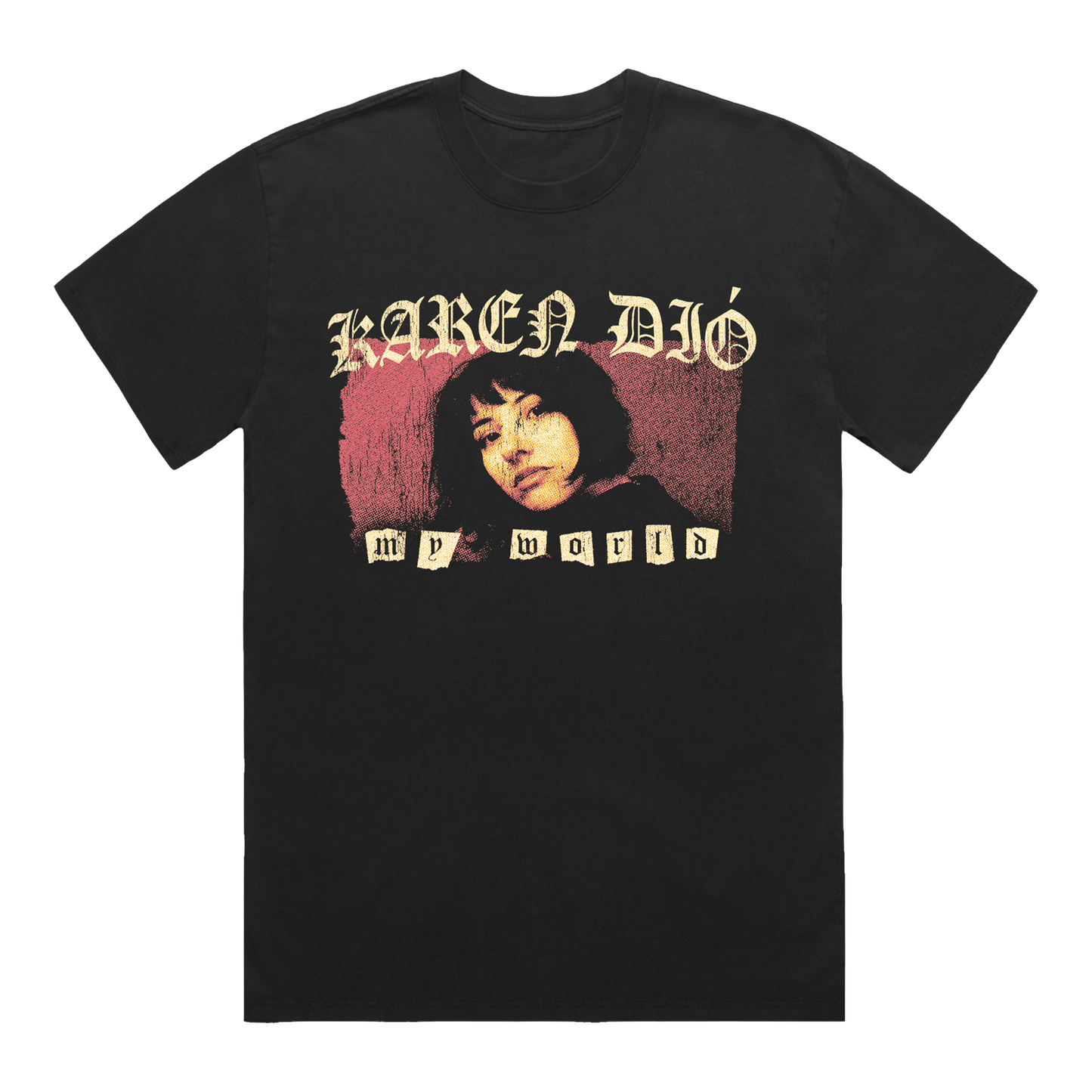 Black T-Shirt with Karen Dio distressed phot and 'My World' text front print 