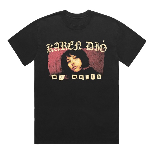 Black T-Shirt with Karen Dio distressed phot and 'My World' text front print 