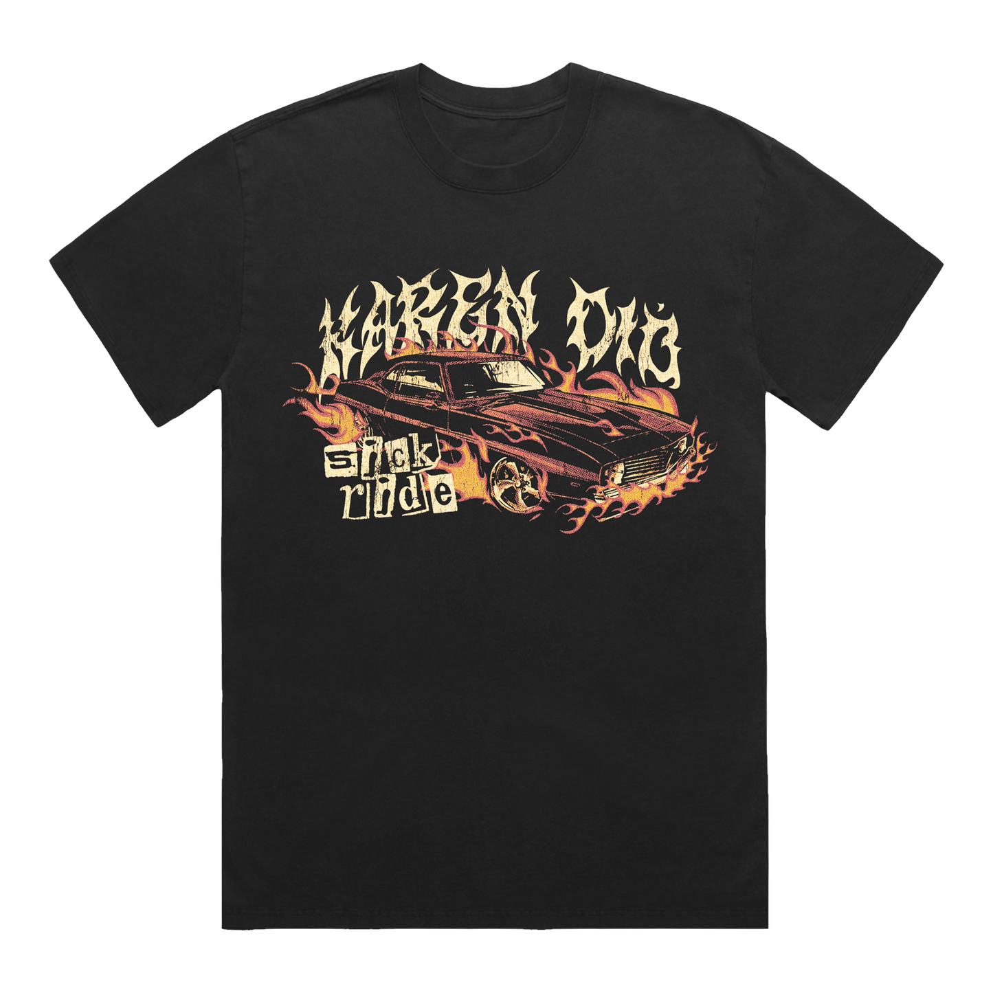Black t-shirt with a graphic of a car front print 