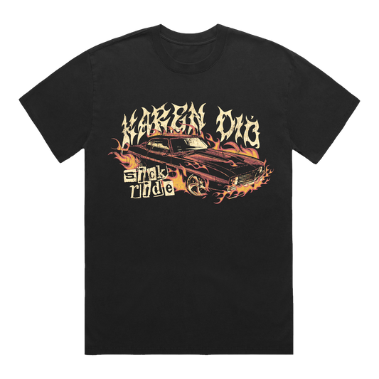 Black t-shirt with a graphic of a car front print 