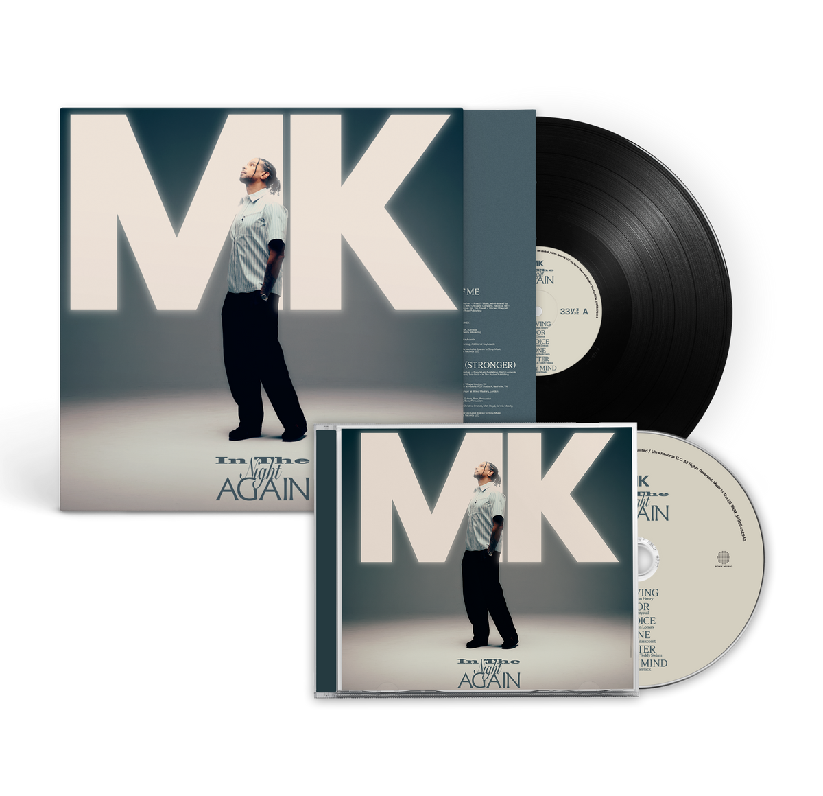 A vinyl record and CD set for MK's album 'You Haven't Seen Me Again' displayed on a clean white background. The set includes a black vinyl LP, a CD, and their respective jewel cases with matching album art featuring a large 'MK' logo and a photo of the artist.