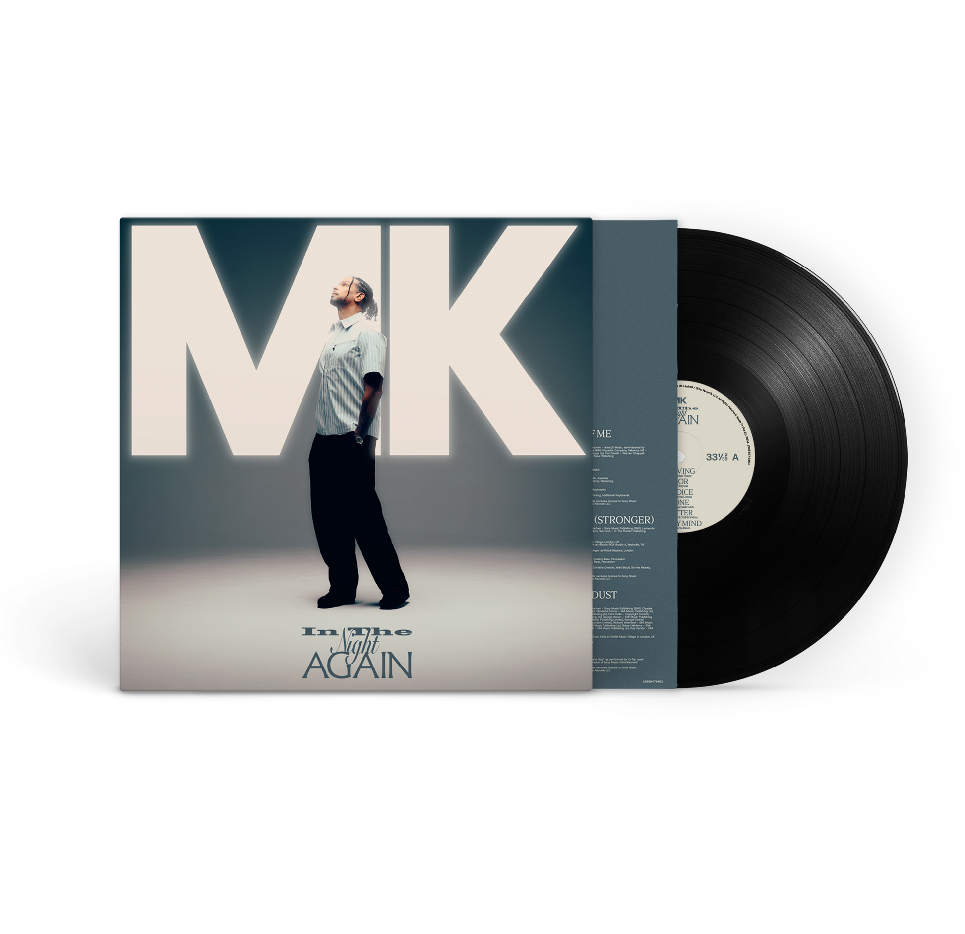MK - In The Night Again - Vinyl. A vinyl record partially pulled from its sleeve, showing the front cover art and a black LP disc on a clean white background.