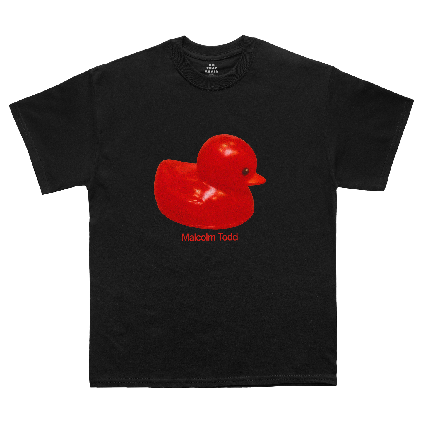 Black short-sleeve T-shirt featuring a red rubber duck graphic with "Malcolm Todd" lettering printed beneath it on the front.