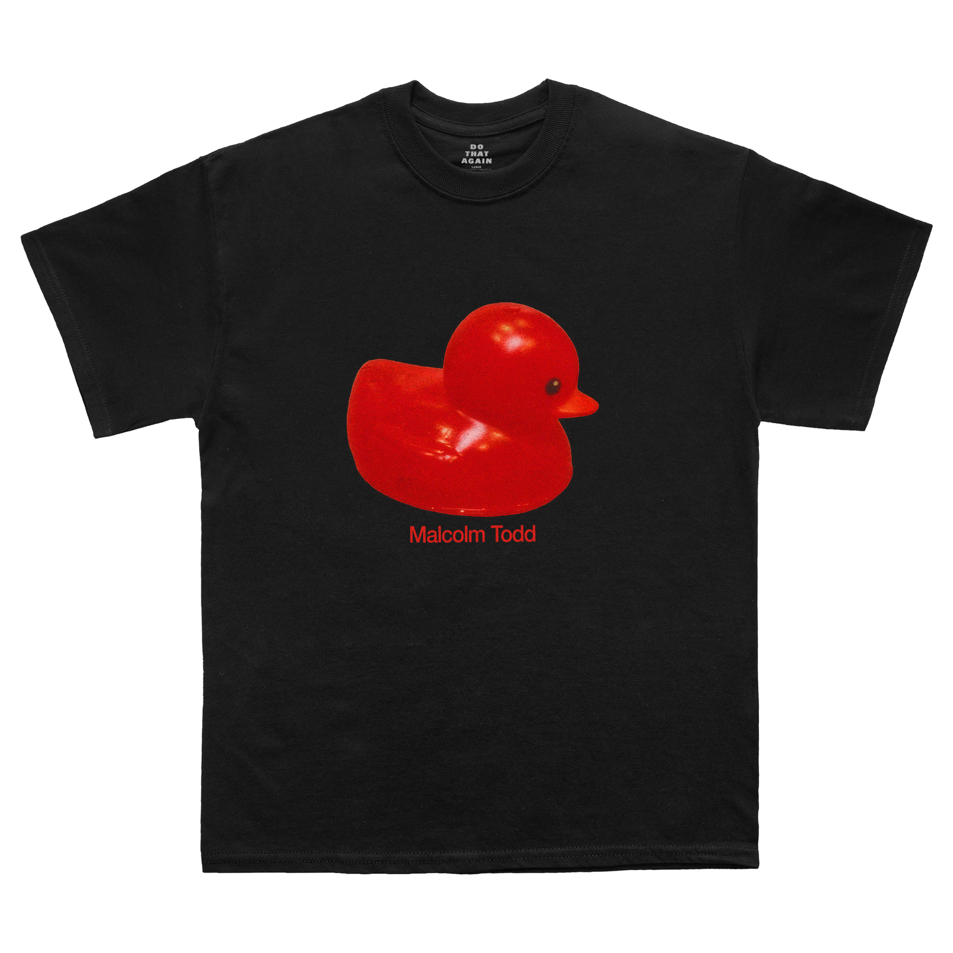 Black short-sleeve T-shirt featuring a red rubber duck graphic with "Malcolm Todd" lettering printed beneath it on the front.