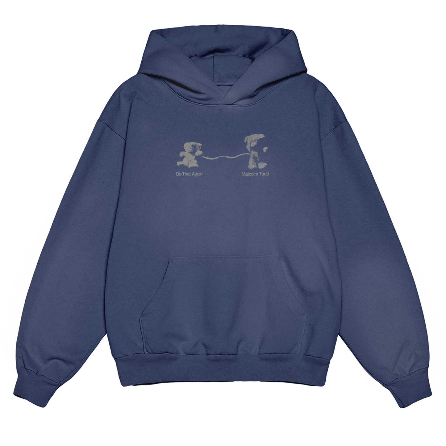 Blue hoodie with a front print featuring a teddy bear design and "Malcolm Todd – Do That Again" text beneath it.