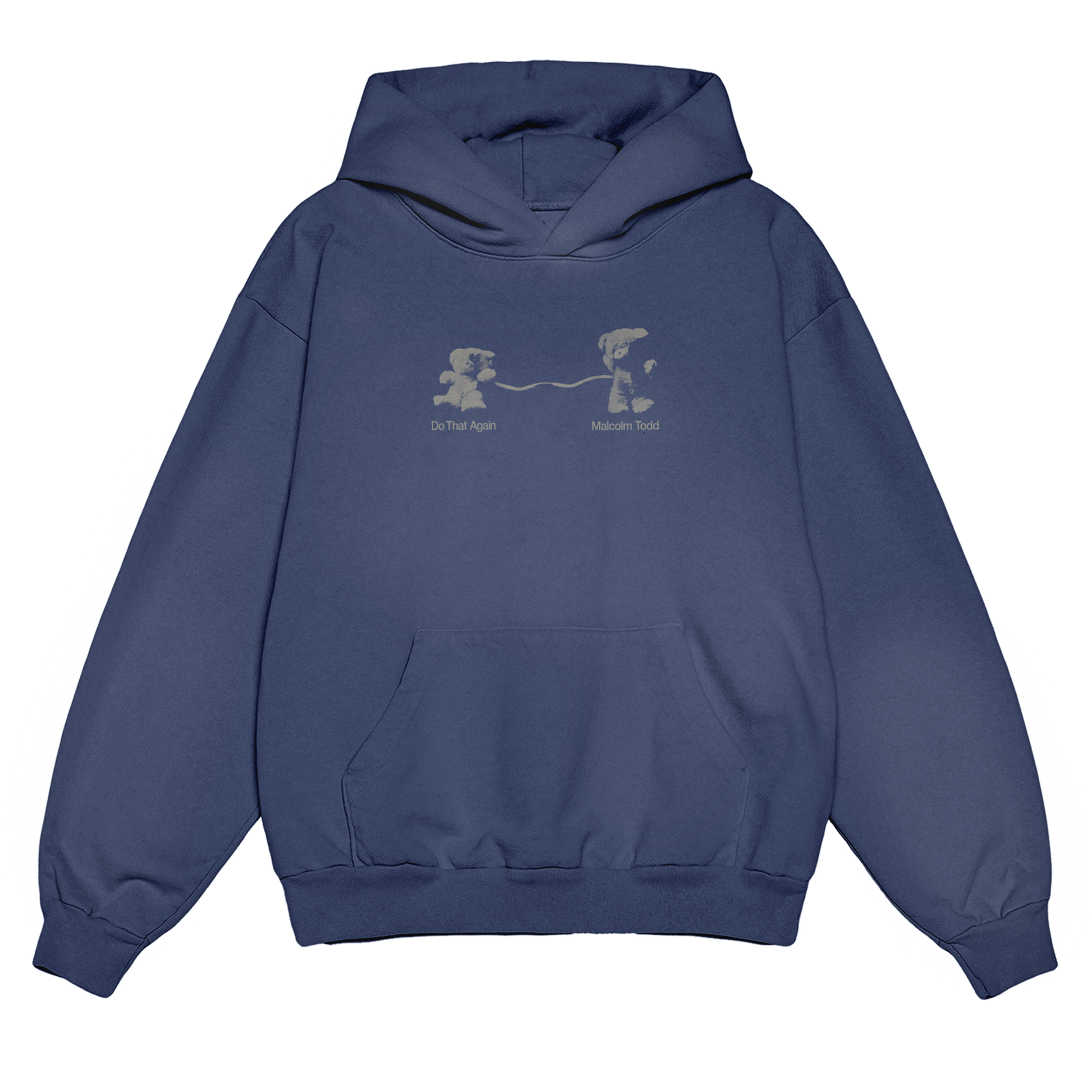Blue hoodie with a front print featuring a teddy bear design and "Malcolm Todd – Do That Again" text beneath it.