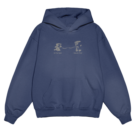 Blue hoodie with a front print featuring a teddy bear design and "Malcolm Todd – Do That Again" text beneath it.