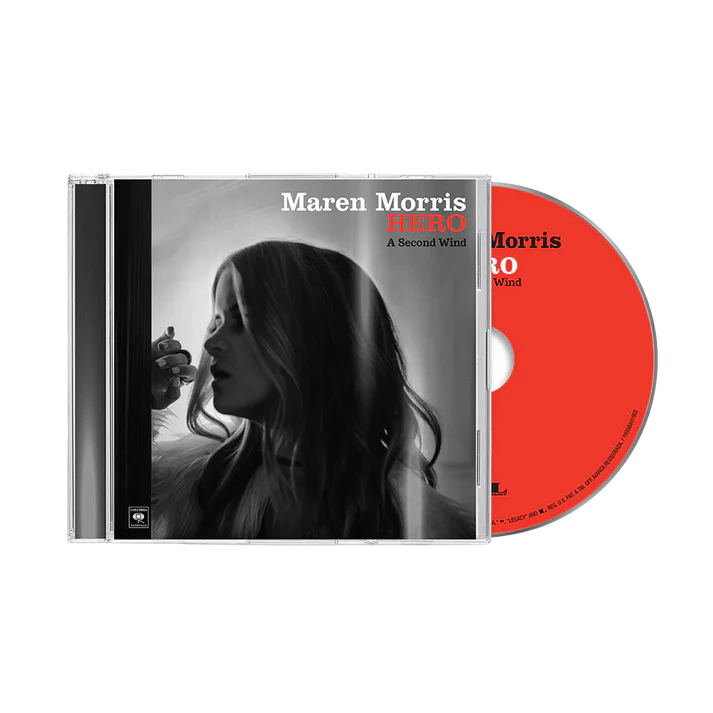 CD cover with a silhouette of a woman and red disc, featuring Maren Morris' album 'Hero'.