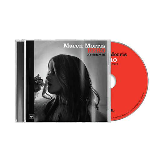CD cover with a silhouette of a woman and red disc, featuring Maren Morris' album 'Hero'.