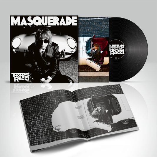 Vinyl record set with cover and booklet featuring a person in a car, titled 'Masquerade' by Thomas Raggi.