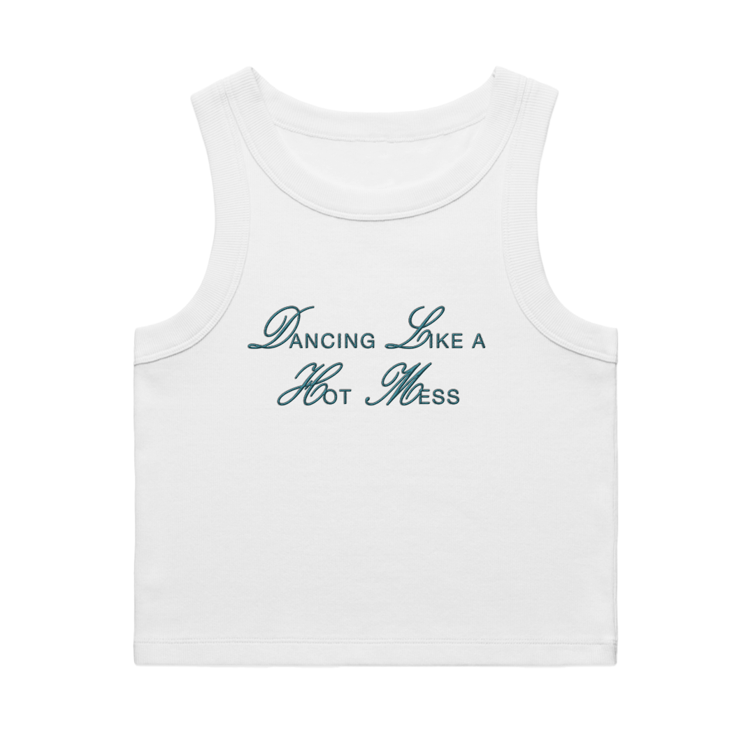 White Ribbed “Dancing Like A Hot Mess” Embroidery Tank Top