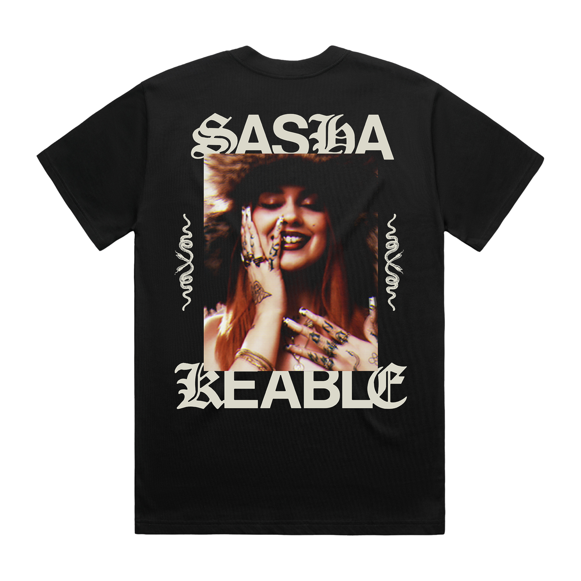 Black t-shirt with a photo of Sasha Keable on front.