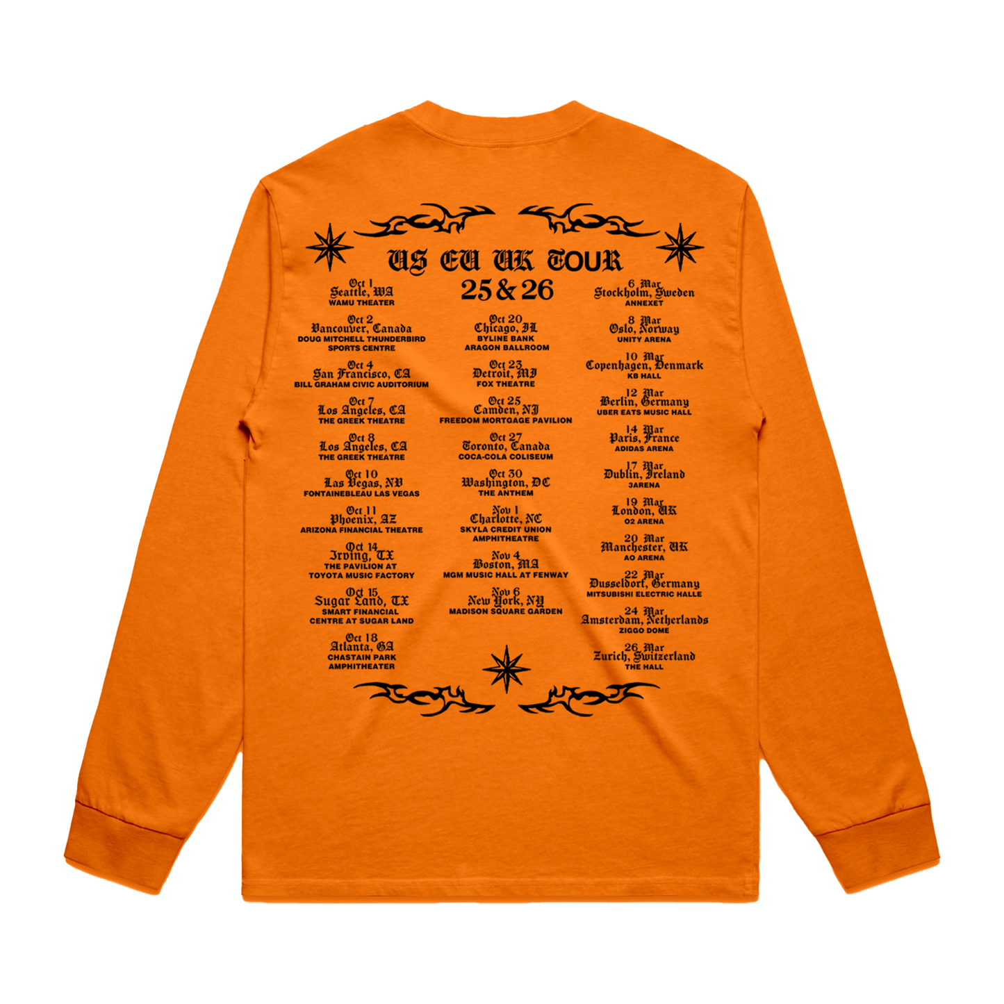 Sasha Keable orange long-sleeve shirt with black tour dates text and designs.