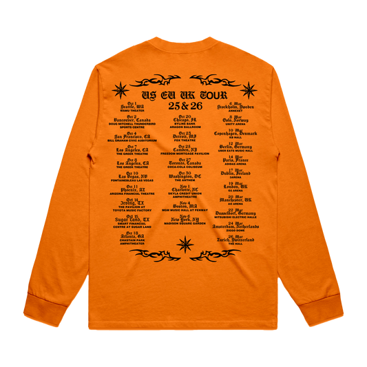Sasha Keable orange long-sleeve shirt with black tour dates text and designs.