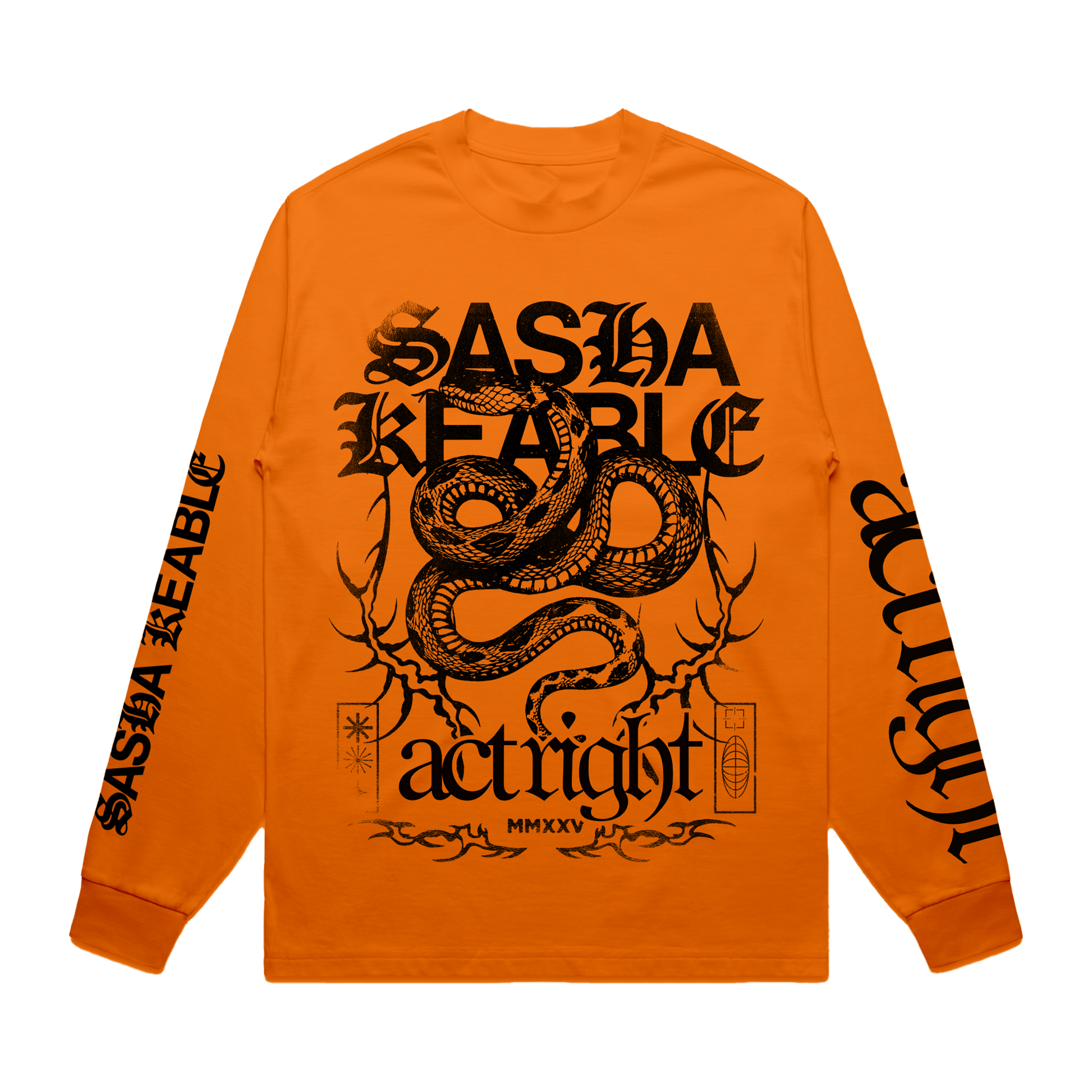 Sasha Keable orange long-sleeve shirt with black snake graphic design