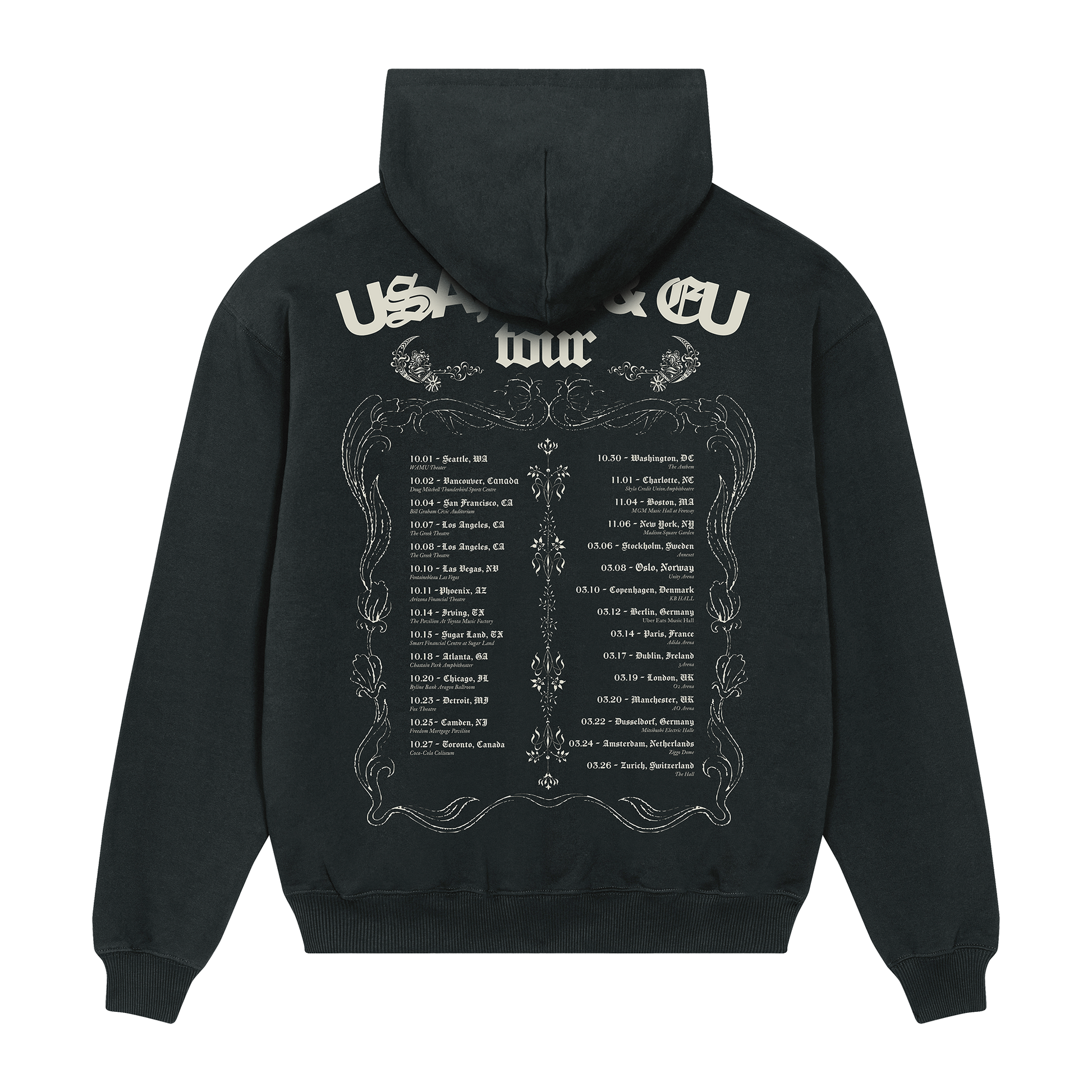 Black Sasha Keable tour hoodie with white text and design on the back.