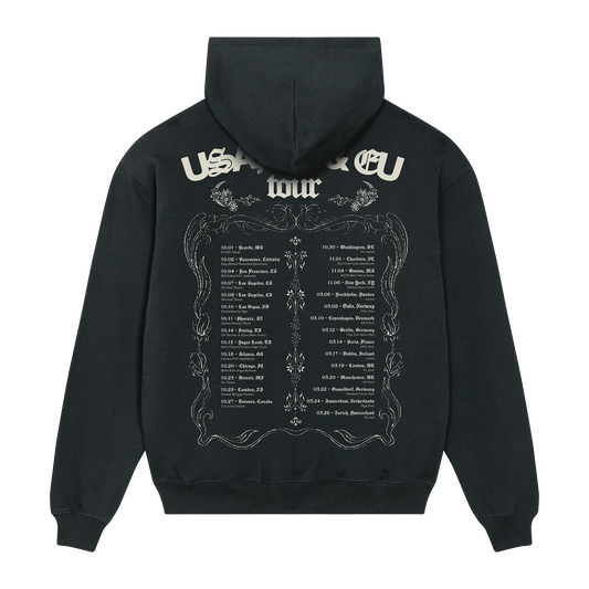 Black Sasha Keable tour hoodie with white text and design on the back.