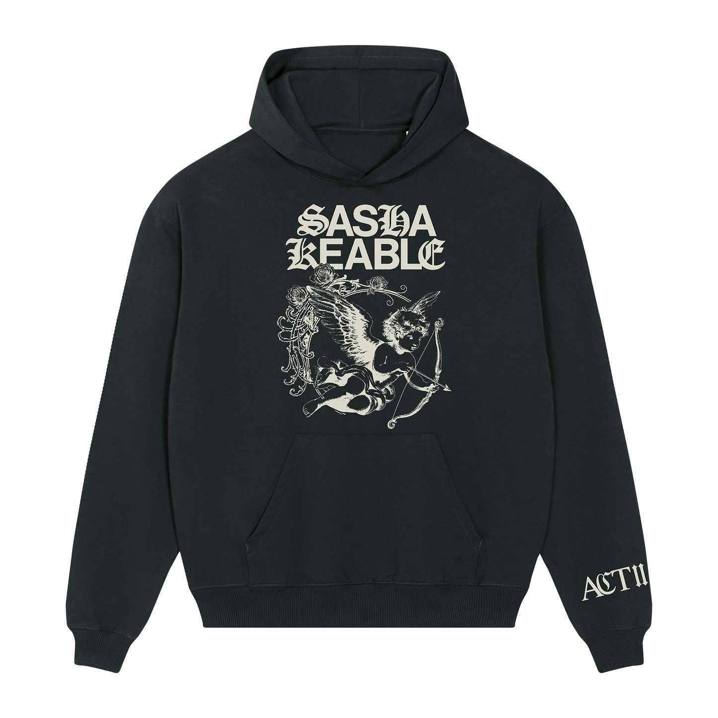 Black Sasha Keable hoodie with white cherub graphic.