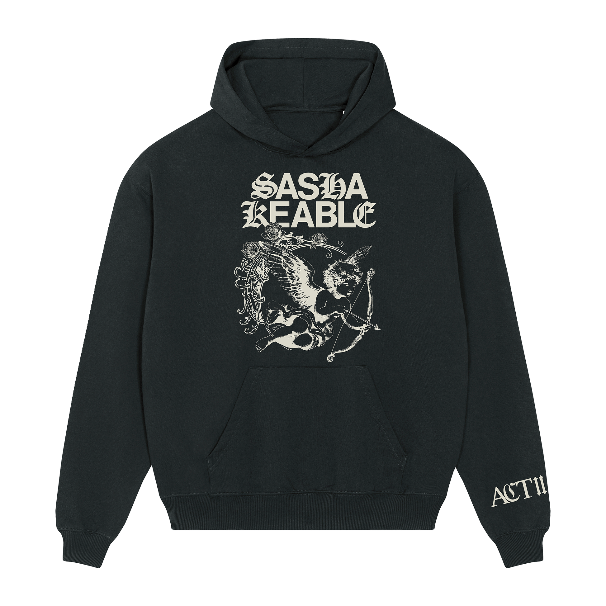 Black Sasha Keable hoodie with white cherub graphic.